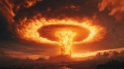 Wall Mural - terrible explosion of a nuclear bomb with a mushroom in the desert. hydrogen bomb test. nuclear cata