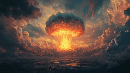 Wall Mural - terrible explosion of a nuclear bomb with a mushroom in the desert. hydrogen bomb test. nuclear cata