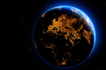 earth planet on blue night sky with stars. city lights on dark side of the planet. elements of this 