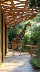 Wall Mural - A majestic giraffe strolls along a wooden walkway, framed by vibrant foliage and trees, capturing the tranquility of an African wildlife environment