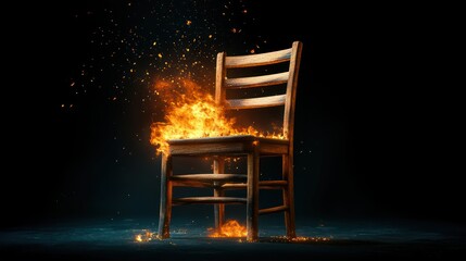 Aufkleber - Burning wooden chair in dark studio high-impact visual creative photography dynamic atmosphere