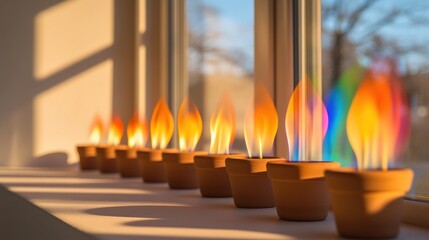 Leinwandbilder - Dramatic flame effects in terracotta pots home interior decor warm ambiance close-up view