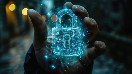 Fototapete - A hand holding a digital glowing padlock, representing cyber security and digital protection.
