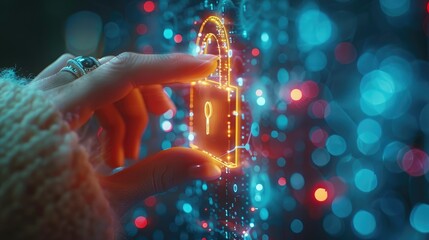 Poster - A hand reaches out to touch a glowing, digital padlock, symbolizing online security and data protection.