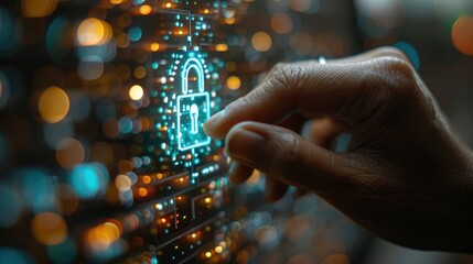 Poster - A hand reaches out to touch a glowing padlock icon on a screen.