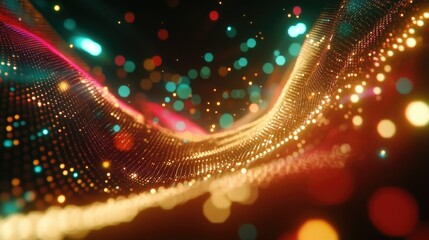 Aufkleber - A 3D-rendered cyber wave with vibrant, flowing dots and light lines, evoking the fluid movement of data particles and technological innovation.
