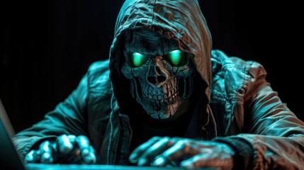 Fototapete - A hooded figure with a skull mask and glowing green eyes sits in front of a laptop, their hands typing on the keyboard. The figure appears menacing, suggesting an image of a hacker or a dark web user.