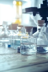 Poster - Glassware and Microscope in Blurred Laboratory Equipment Scientific Research Concept.