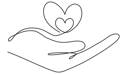 Poster - Hand holds hearts continuous line drawing. Family linear symbol. Motherhood concept. Vector illustration isolated on white background.