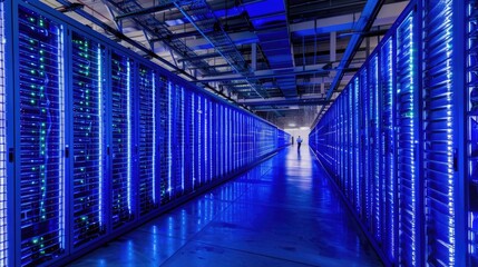 Poster - A long corridor lined with rows of server racks, bathed in blue light.
