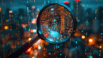 Poster - A magnifying glass focuses on a digital cityscape, highlighting the interconnectedness of data in a modern urban environment.