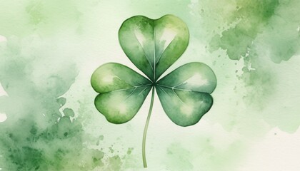 Wall Mural - A vibrant watercolor illustration of a four-leaf clover set against a soft green backdrop, celebrating the spirit of St. Patrick's Day with its rich symbolism and traditional charm