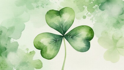 Wall Mural - A beautiful watercolor illustration of a vibrant green four-leaf clover surrounded by soft green splashes, evoking the spirit of St. Patrick's Day festivities and celebrations