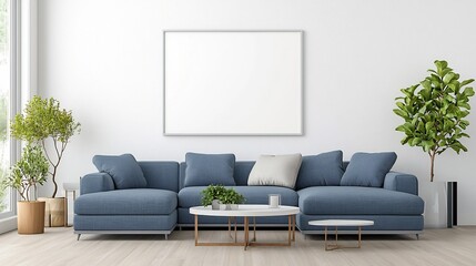Poster - A modern and minimalist living room interior featuring an empty frame mockup display on the wall complemented by stylish and comfortable furniture  The space showcases a neutral color palette