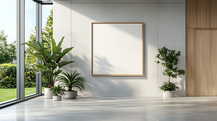 Aufkleber - Minimalistic and serene living room with a large poster frame displayed on the wall alongside lush house plants creating a peaceful and contemporary 3D rendered interior design