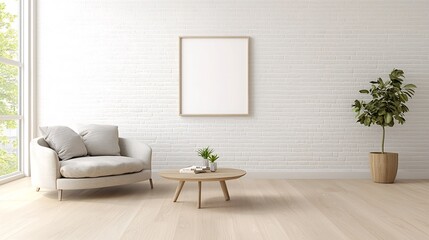 Aufkleber - Stylish and modern 3D rendered living room interior with an empty frame mockup displayed on the wall perfect for showcasing artworks or digital designs