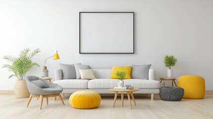 Aufkleber - Inviting and Sophisticated Modern Living Room Interior with Minimal Furniture and Accessories Featuring an Empty Frame Hanging Above a Cozy Sofa