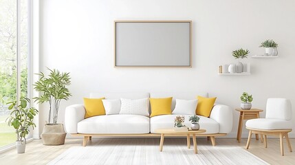 Aufkleber - Bright and modern living room interior with an empty frame mounted on the wall above a comfortable sofa decorated with stylish accessories and furniture in a minimalist contemporary design