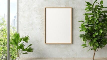 Fototapete - Elegant frame mockup displayed against a textured wall in a modern light filled living room setting  The space features lush green potted plants and natural sunlight