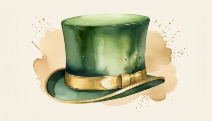 Wall Mural - A green top hat with a gold band rests atop a soft watercolor background to celebrate St. Patrick's Day, symbolizing good luck and festive gatherings in March