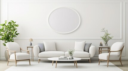 Aufkleber - Bright and contemporary living room interior with a blank frame on the wall surrounded by elegant and minimalist furniture decor and design elements creating a cozy and inviting atmosphere