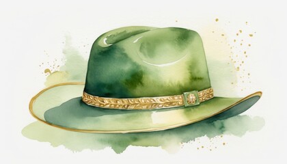 Wall Mural - A festive watercolor illustration featuring a classic green cowboy hat adorned with a golden band, perfect for celebrating St. Patrick's Day with vibrant colors and creative designs