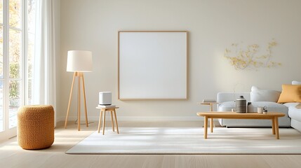 Poster - Scandinavian inspired living room with an empty wall frame warm and natural lighting creating a cozy and stylish ambiance