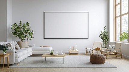 Aufkleber - Scandinavian inspired cozy and stylish living room interior design with an empty wall frame and warm natural lighting creating a peaceful and harmonious atmosphere