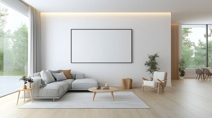 Aufkleber - Cozy and stylish Scandinavian inspired living room with an empty wall frame and warm natural lighting that creates a peaceful inviting atmosphere