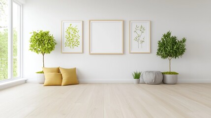 Poster - Elegant 3D rendered empty frame mockup showcase in a chic and minimalist modern living room interior design setting  Blank picture template for artwork photography or design presentation