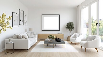 Poster - Elegant and modern interior mockup showcasing an ISO A size frame displayed on the wall in a well decorated and inviting living room setting  3D rendered image with a clean bright