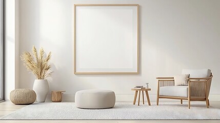 Poster - Elegant and Minimalist Living Room Poster Frame Mockup with Modern Furnishings and a Tranquil Sophisticated Ambiance
