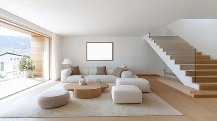 Poster - Sophisticated and functional modern living room interior featuring a minimalist frame on the wall surrounded by neutral tones natural textures and a warm inviting atmosphere