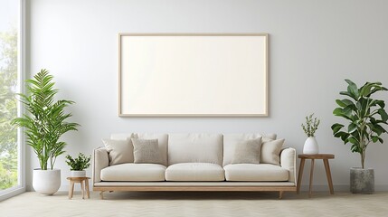 Poster - Stylish and Minimalist Frame Mockup Set in a Cozy Bright Living Room with Natural Lighting and Lush Houseplants for a Modern Elegant Interior Design Concept