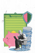 © master1305 - Elderly man sitting with laptop beside coins, piggy bank, and checklist, symbolizing active financial planning and management. Contemporary art collage. Concept of retirement programs, support, care