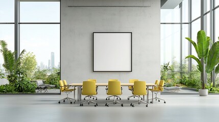 Poster - Bright and open modern office space with an empty frame displayed on a concrete wall surrounded by natural light from floor to ceiling windows providing a minimalist and inspiring work environment