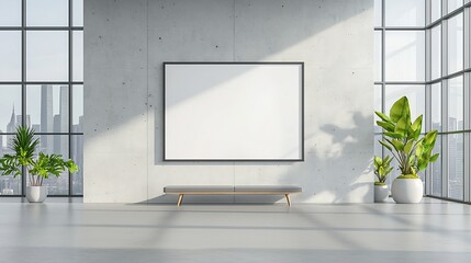 Poster - Bright and Airy Office Interior with Blank Frame Mounted on Concrete Wall and Expansive Windows Flooding the Space with Natural Light