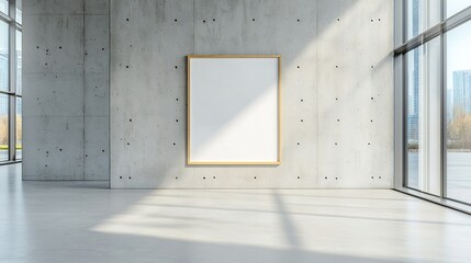 Poster - Bright and Airy Modern Workspace with Concrete Walls and Empty Poster Frame   Warm Sunlight Streaming Through Large Windows Creates an Inspiring and Productive Environment