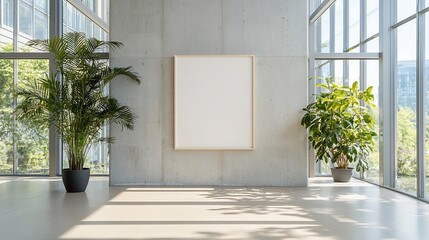 Aufkleber - Sunlit Modern Office Interior with Empty Frame on Concrete Wall   Bright Airy and Minimalist Workspace Filled with Natural Light