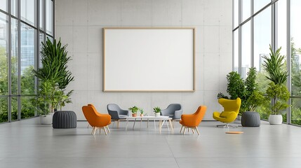 Aufkleber - Bright and airy modern office interior featuring a blank frame mounted on concrete walls and floor to ceiling windows that let in natural sunlight creating a minimalist and professional workspace