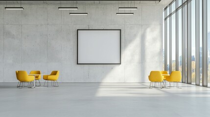 Fototapete - Bright and Airy Modern Open Office Interior with Concrete Wall Empty Poster Frame and Sunlight Streaming Through Floor to Ceiling Glass Windows