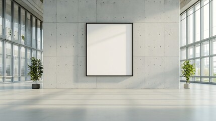 Fototapete - Spacious and bright minimalist office interior with concrete wall empty frame and natural sunlight streaming in from high windows creating a modern and professional work environment