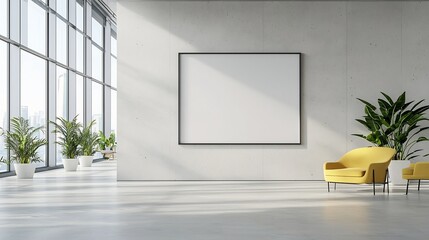 Aufkleber - Spacious and serene minimalist office interior with concrete wall empty frame and natural sunlight streaming in from high windows creating a bright and airy workspace