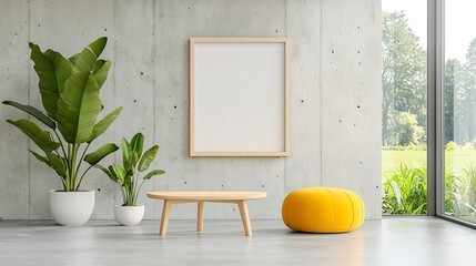 Aufkleber - Bright and modern office interior featuring a concrete wall an empty frame and natural sunlight creating a warm and calm atmosphere