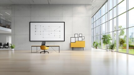 Poster - Bright and airy industrial style office space featuring a concrete wall and an empty frame allowing natural light to flood the minimalist and contemporary workspace