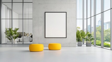 Poster - Sunlit and Airy Modern Office Interior with Concrete Wall Empty Poster Frame and Spacious Open Design Accentuated by Large Windows