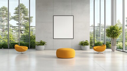 Poster - Sunlit and Spacious Modern Office Interior with Concrete Walls Empty Poster Frame and Accentuated by Large Luminous Windows