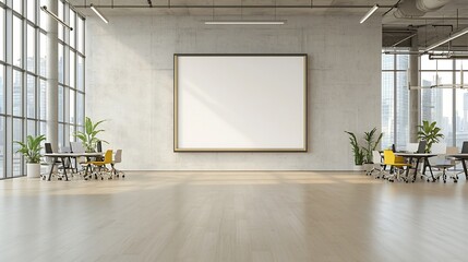 Poster - Bright and airy modern open office space with a minimalist concrete wall frame flooded with soft natural sunlight from high floor to ceiling windows