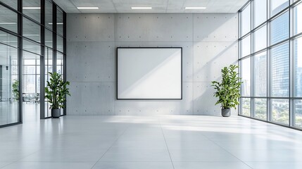 Aufkleber - Bright and Airy Modern Open Office Space with Minimalist Concrete Wall and Large Floor to Ceiling Windows Flooded with Soft Sunlight