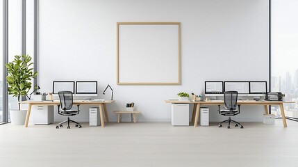 Aufkleber - Tranquil and modern living room with a blank poster frame on the wall complemented by a professional and organized home office workspace with multiple computers and a sleek minimalist design